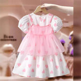 Summer Kids Girls Short Sleeves Heart Print Sweet Mesh Princess Dress