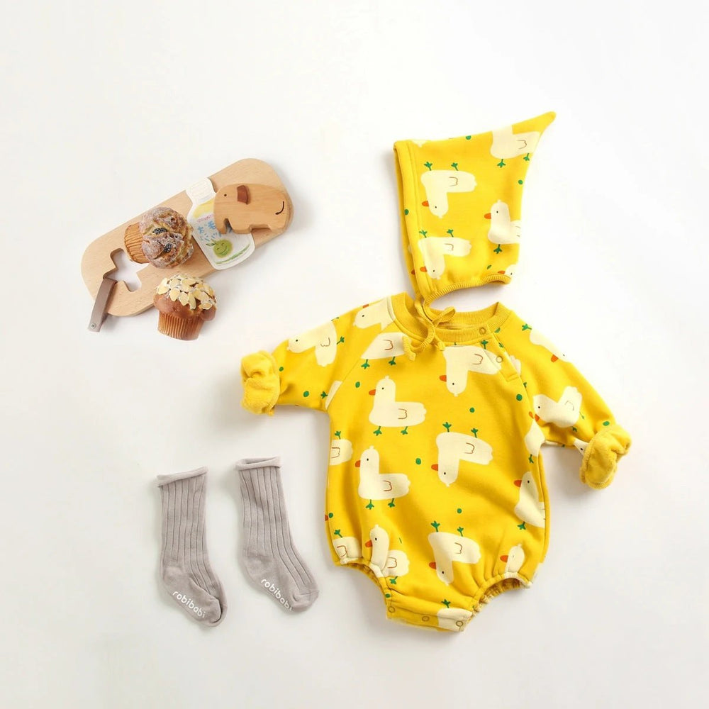 Baby 1pcs Cartoon Duck Print Button Front Rompers & Onesies With Triangle Hats - MyKids-USA™