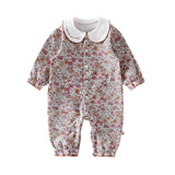 Spring Arrival Baby Girls Long Sleeves Floral Pattern Rompers with Simple Embroidery