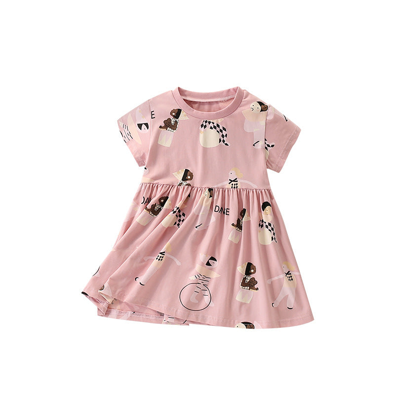 Summer Arrival Cartoon and Letters Pattern Short Sleeves Dress for Stylish Girls - MyKids-USA™