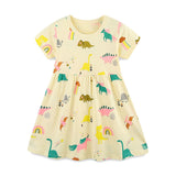 Summer Pure Cotton Colorful Rainbow and Dinosaur Pattern Short Sleeves Yellow Dress for Stylish Girls