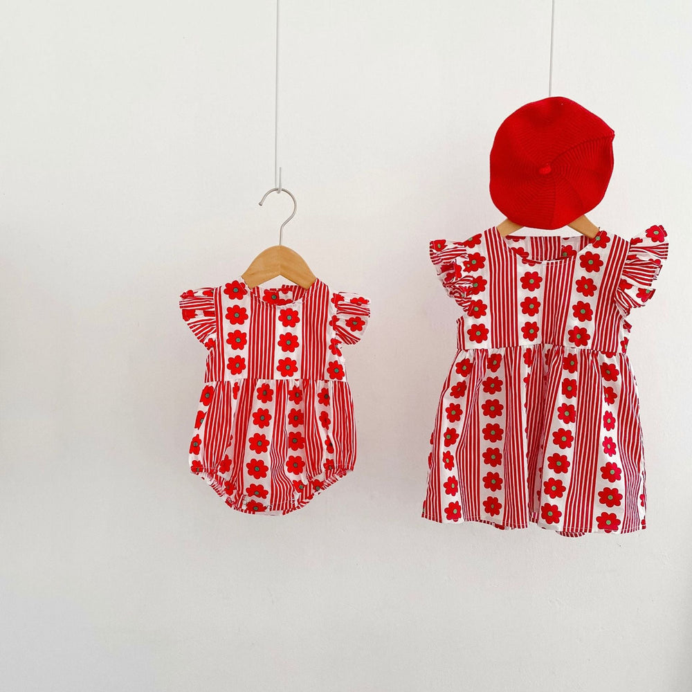 Design Summer Girls Flowers And Striped Pattern Fly Sleeves Onesies And Dress – Sister Matching Clothing Set - MyKids-USA™