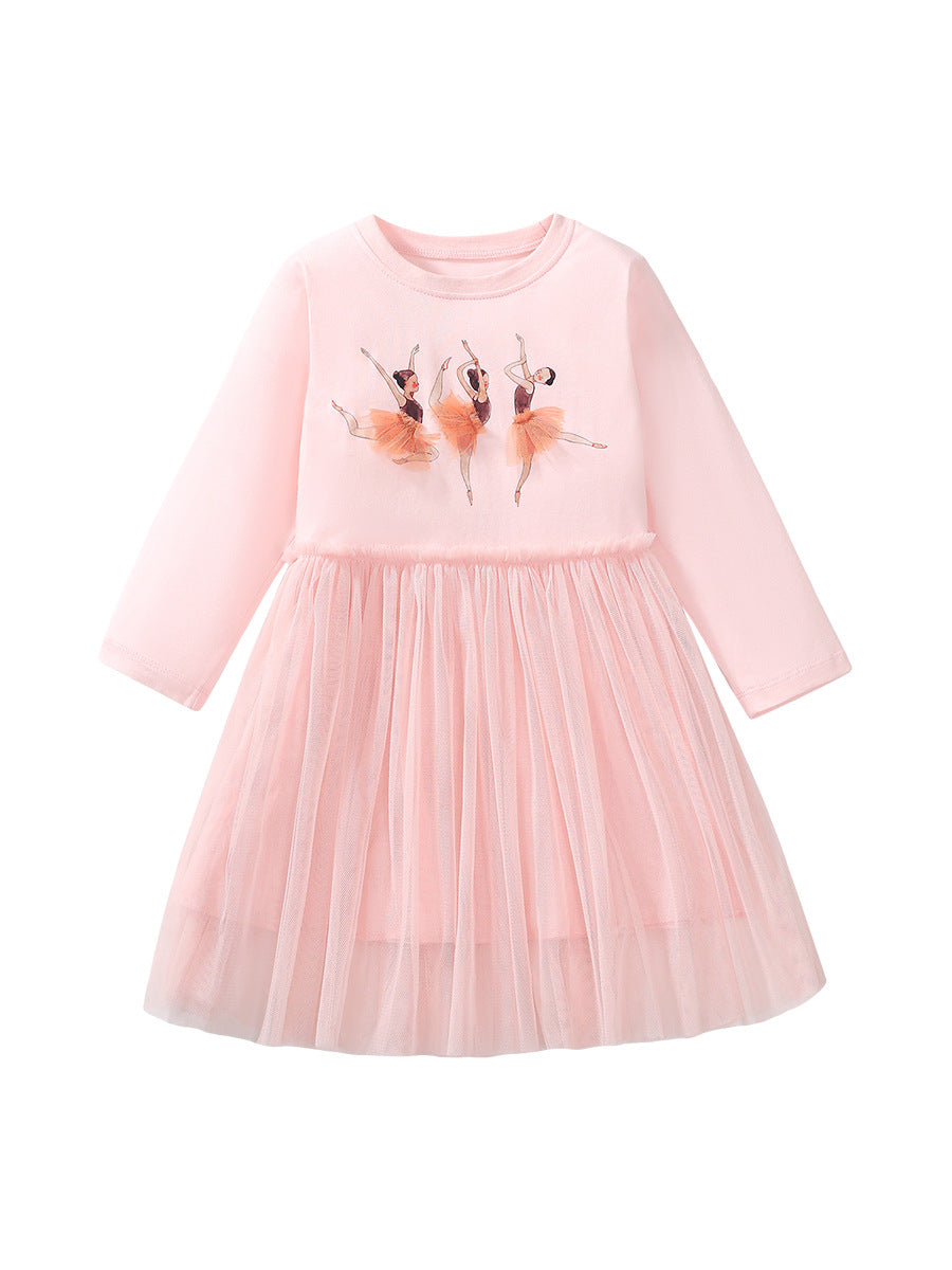 Design Autumn Girls Dancers Cartoon Pattern Crew Neck Long Sleeves Tulle Patchwork Dress - MyKids-USA™