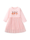 Design Autumn Girls Dancers Cartoon Pattern Crew Neck Long Sleeves Tulle Patchwork Dress - MyKids-USA™