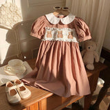 Summer Hot Selling Baby Kids Girls Cute Short Sleeves Teddy Bear Embroidered Dress - MyKids-USA™