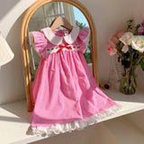 Summer Baby Kids Girls French Fly Sleeves Floral Pattern Embroidered Pattern Plaid Dress