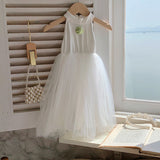 Summer Baby Kids Girls French Crew Neck Sleeveless 3D Flowers Mesh Patchwork Princess Dress