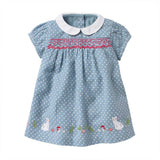 Summer New Arrival Girls Short Sleeves Rabbits Cartoon White Dots Peter Pan Collar Dress - MyKids-USA™