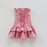 Summer Arrival Plaid Pattern Crew Neck Front-open Sleeveless Dress for Stylish Girls