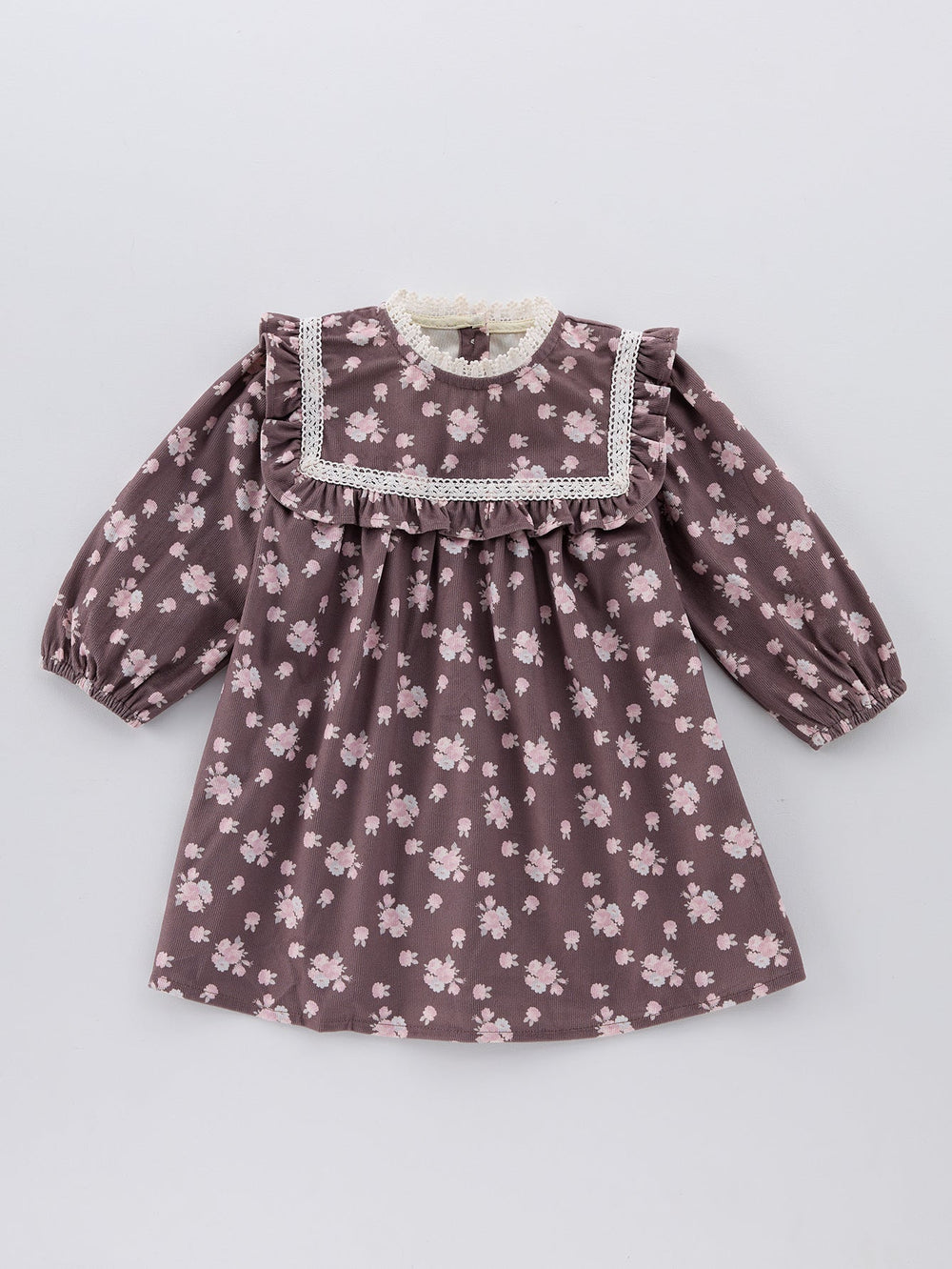 Spring and Autumn Floral Printed Long-sleeved Dress with Lace Neck for Stylish Girls - MyKids-USA™