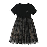 Solid Black Short Sleeve Mesh Dress For Children Girl - MyKids-USA™
