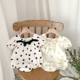 Summer Hot Selling Baby Girls Short Sleeves Square Neck Rabbits/Polka Dots Print Onesie