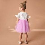 Summer Pure Cotton Cartoon Dancers Pattern Short Sleeves Tulle Patchwork Dress for Stylish Girls