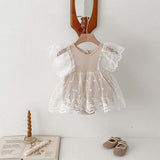 Summer Baby Waffle Pattern Lace Mesh Princess Onesie Dress For Girls