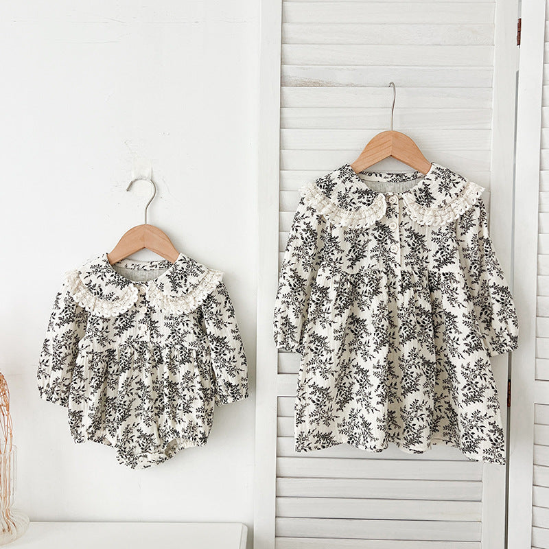 Spring Baby Girls French-style Floral Print Long-sleeved Onesies and Dress – Princess Sister Matching Set - MyKids-USA™