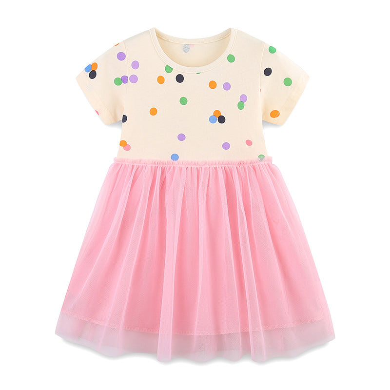 Summer Arrival Baby Girls Cute Colorful Dots Pattern Short Sleeves Tulle Patchwork Dress - MyKids-USA™
