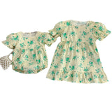 Summer Girls Green Floral Pattern Square Neck Onesies And Girls’ Dress – Princess Sister Matching Set