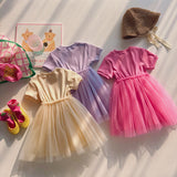 Summer Baby Kids Girls Short-Sleeved Cartoon Unicorn Pattern Mesh Patchwork Dress