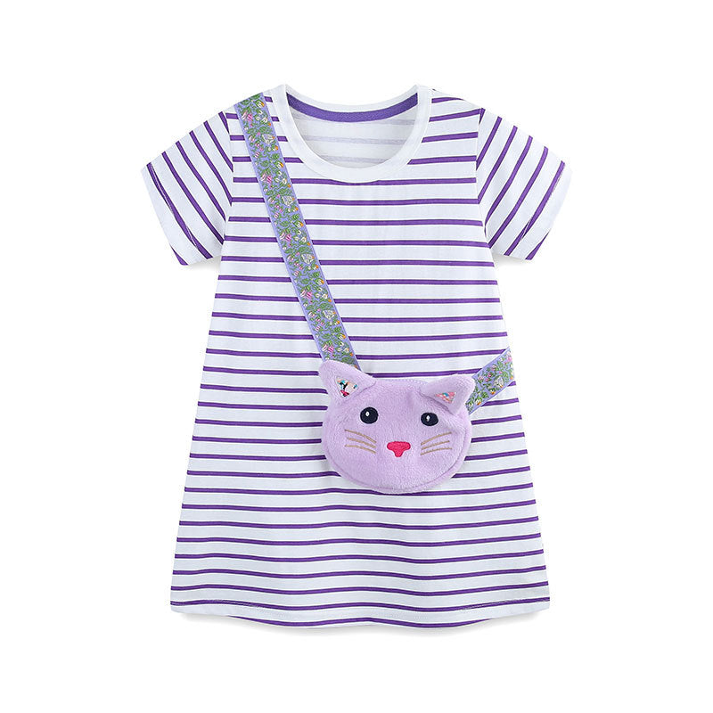 Summer Arrival Cat Cartoon Pattern Short Sleeves Striped Dress for Stylish Girls - MyKids-USA™