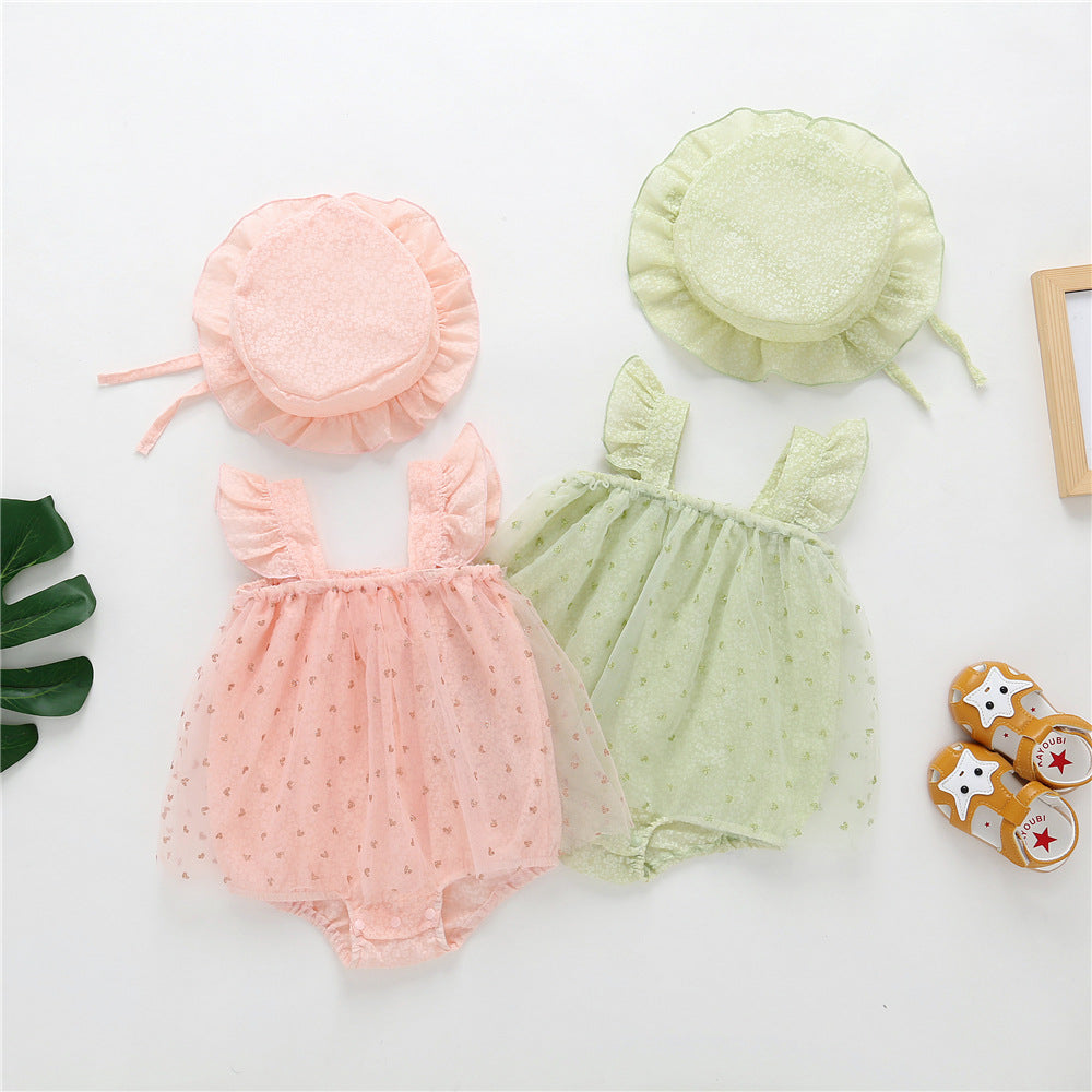 Baby Girl 1pcs Solid Color Heart Graphic Mesh Overlay Sleeveless Dress & Hat - MyKids-USA™