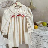 Arrival Autumn Girls Cherry Embroidery Long Sleeves Peter Pan Collar Dress - MyKids-USA™
