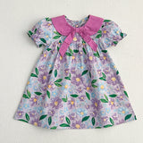 New Arrival Summer Girls Floral Print Short Sleeves Bow Design Collar Dress - MyKids-USA™