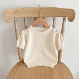 Summer Arrival Baby Kids Girls Comfortable Heart Pattern Knitted Short Sleeves Top
