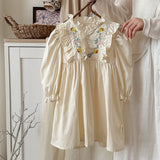 Arrival Autumn Girls Simple Ruffle Neck Long Sleeves Vine and Flowers Pattern Dress - MyKids-USA™