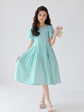 Hot Selling Summer Kids Girls Simple Style Solid Color Plain Cotton Short Sleeves Green Dress - MyKids-USA™