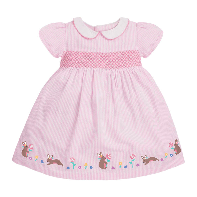 Baby Kids Girls Pink Short Sleeves Dress With Rabbits And Flowers Pattern - MyKids-USA™