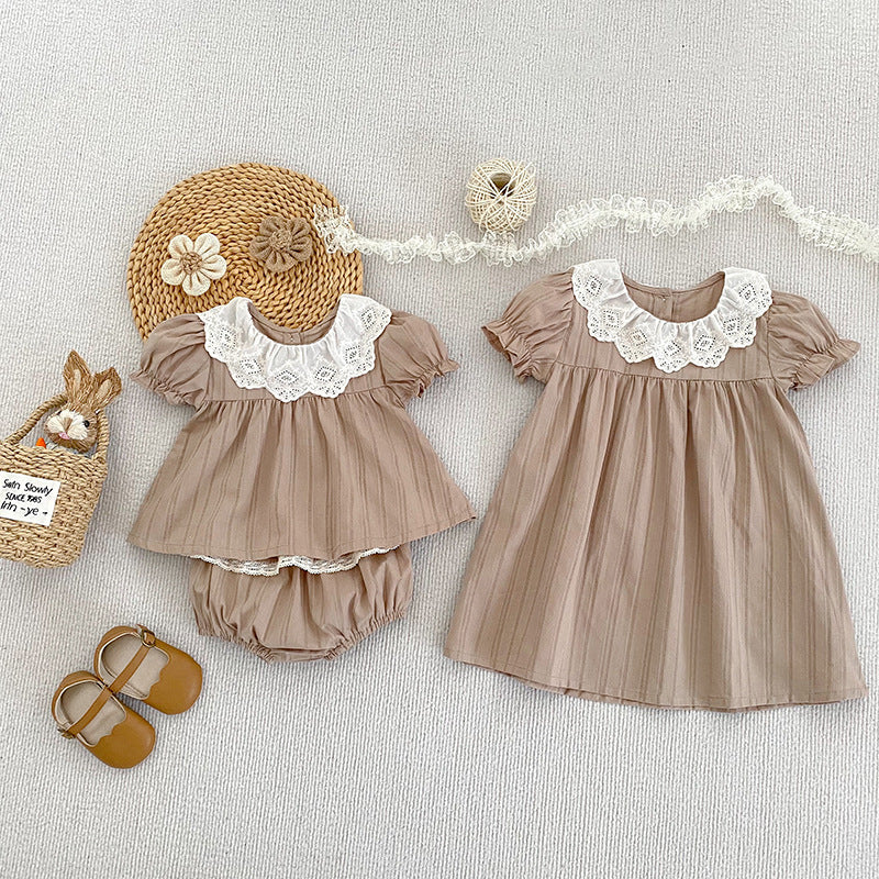 Design Summer Baby Kids Girls Floral Pattern Lace Short Sleeves Dress and Bloomers – Princess Sister Matching Set - MyKids-USA™