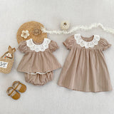 Design Summer Baby Kids Girls Floral Pattern Lace Short Sleeves Dress and Bloomers – Princess Sister Matching Set - MyKids-USA™