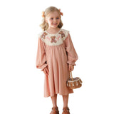 Arrival Autumn Girls Pink Long Sleeves Dress with Teddy Embroidery Collar - MyKids-USA™