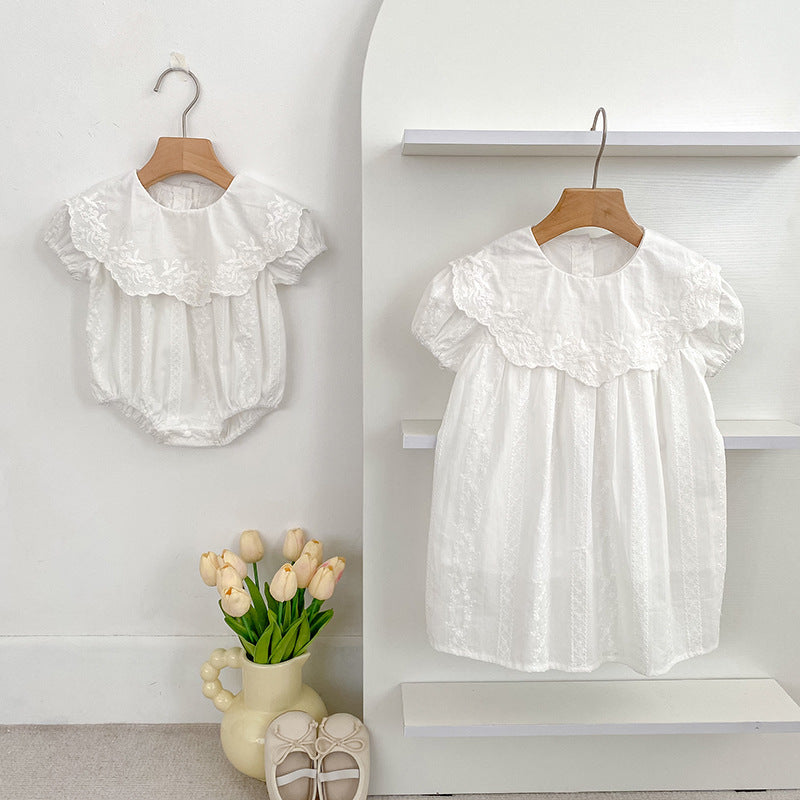 Summer Girls Solid Color Simple Floral Embroidery Big Collar Onesies and Dress – Princess Sister Matching Set - MyKids-USA™