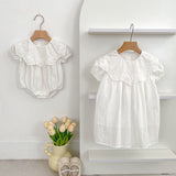 Summer Girls Solid Color Simple Floral Embroidery Big Collar Onesies and Dress – Princess Sister Matching Set - MyKids-USA™