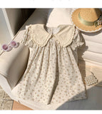 Summer Arrival Floral Pattern Short Sleeves Heart Pattern Collar Dress for Stylish Girls
