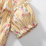 Summer Arrival Flowers and Stripe Pattern Short Sleeves Dress for Stylish Girls