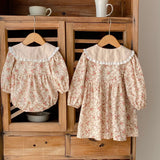 Baby Girl Ditsy Flower Graphic Mesh Patched Design Long Sleeve Sweet Onesies Dress - MyKids-USA™