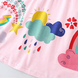 Summer Pure Cotton Colorful Rainbow Pattern Short Sleeves Pink Dress for Stylish Girls
