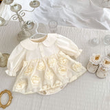Autumn Arrival Baby Girls Long Sleeves Solid Color 3D Tulle Flowers Attached Bodysuits Dress