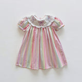 Summer Arrival Baby Kids Girls Short Sleeves Geometric Pattern Embroidered Striped Dress