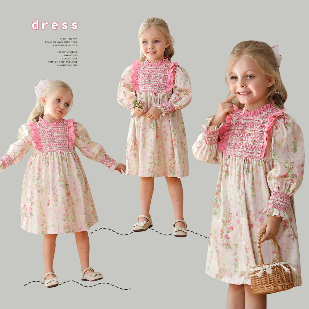 Design Autumn Girls Fashion Floral Long Puff Sleeves Ruffle Neck Dress - MyKids-USA™