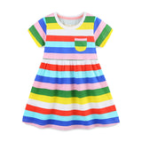 Summer Hot Selling Colorful Rainbow Striped Pattern Short Sleeves Dress for Stylish Girls