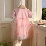 Summer Baby Kids Girls Princess Crew Neck Short Sleeves 3D Butterfly Mesh Patchwork Dress - MyKids-USA™