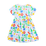 Summer Pure Cotton Colorful Flowers Pattern Short Sleeves Dress for Stylish Girls