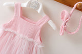 Baby Girl Solid Color Mesh Patchwork Design Sleeveless Dress With Headband - MyKids-USA™