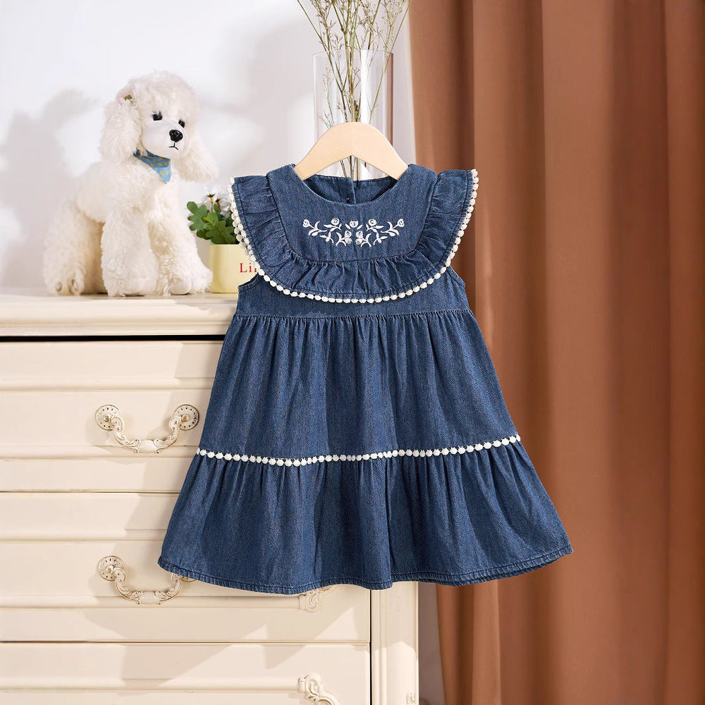 Summer Baby Kids Girls Denim Sleeveless Flowers Pattern Embroidered Dress - MyKids-USA™