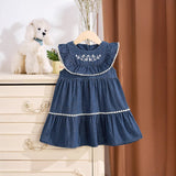 Summer Baby Kids Girls Denim Sleeveless Flowers Pattern Embroidered Dress - MyKids-USA™