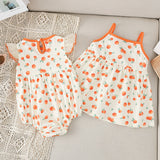 New Design Summer Girls Vivid Orange Print Striped Sleeveless Strap Dress