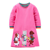 Best Selling Autumn Girls Animals Friends Pattern Rainbow Crew Neck Long Sleeves Dress - MyKids-USA™